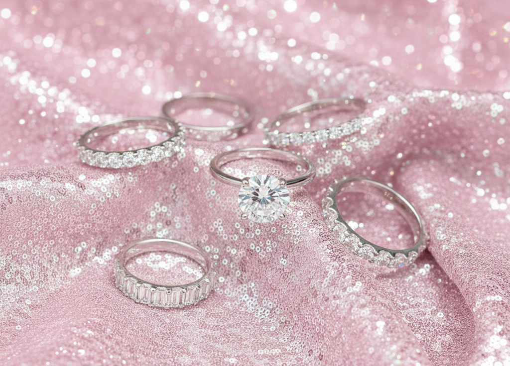 Silver rings on a pink glittery background